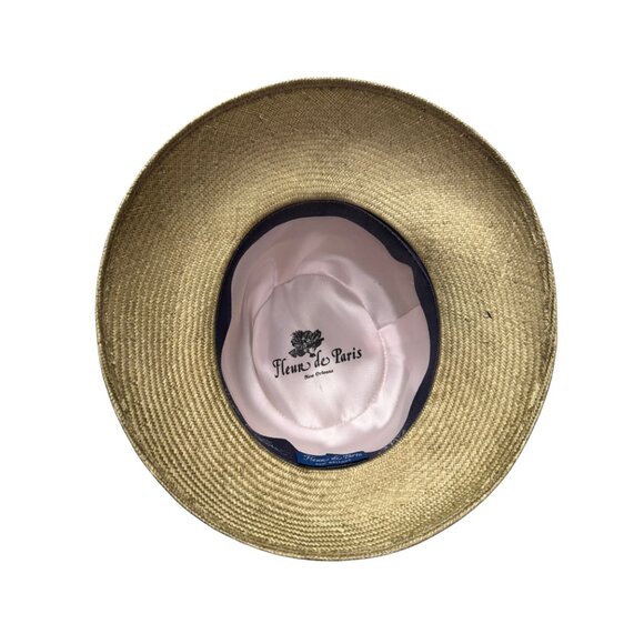 Fleur de Paris Derby Hat Straw Boater Pink Roses Feather 23in w/ Box - Picture 3 of 4